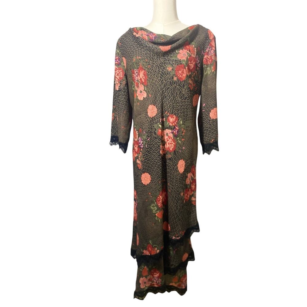 VTG Mary McFadden Floral Asymetrical Midi Dress Lace Goth Fairy Whimsy Romantic